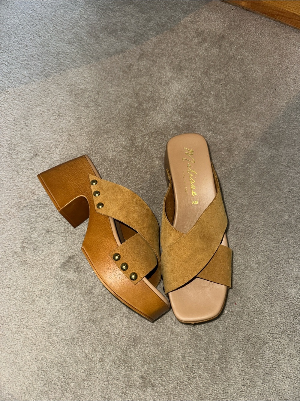 Suede Crisscross Block Heel Sandals in Tan